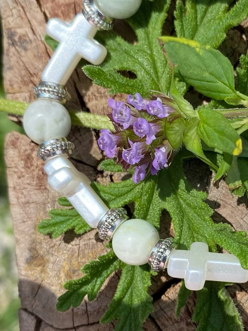 White Cross and Light Aqua Bead Stretch Bracelet | From Sea to Country